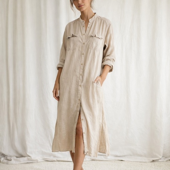 Zara Dresses & Skirts - ZARA Shirtdress 100% Linen XS Tan Beige Neutral Midi Button Front Resort Casual